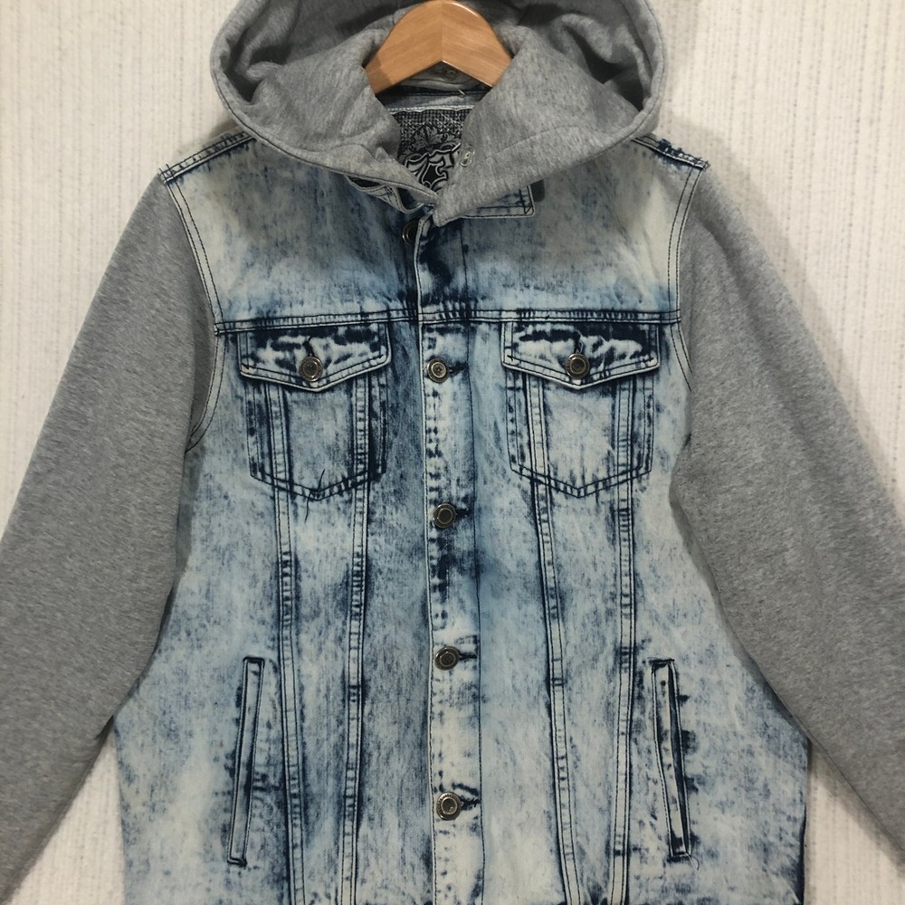 1738 Original Brand Mens Acid Wash Denim Hoodie Jacket Gray Blue Large L